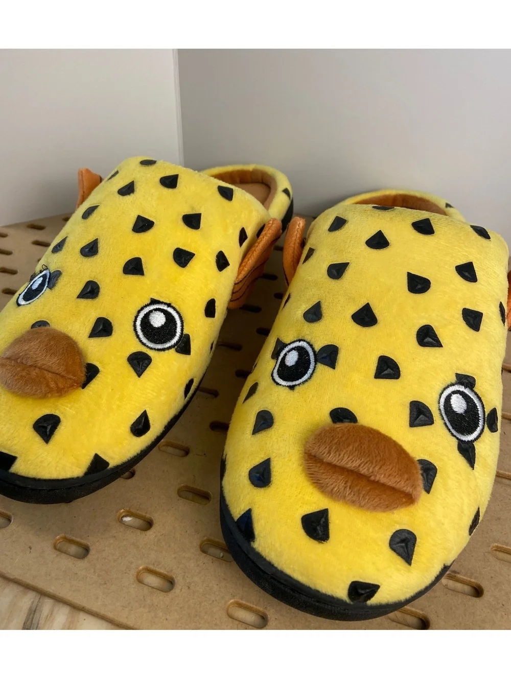 Coddies Yellow Plush Fish Slippers with Black Spots and Orange Fins